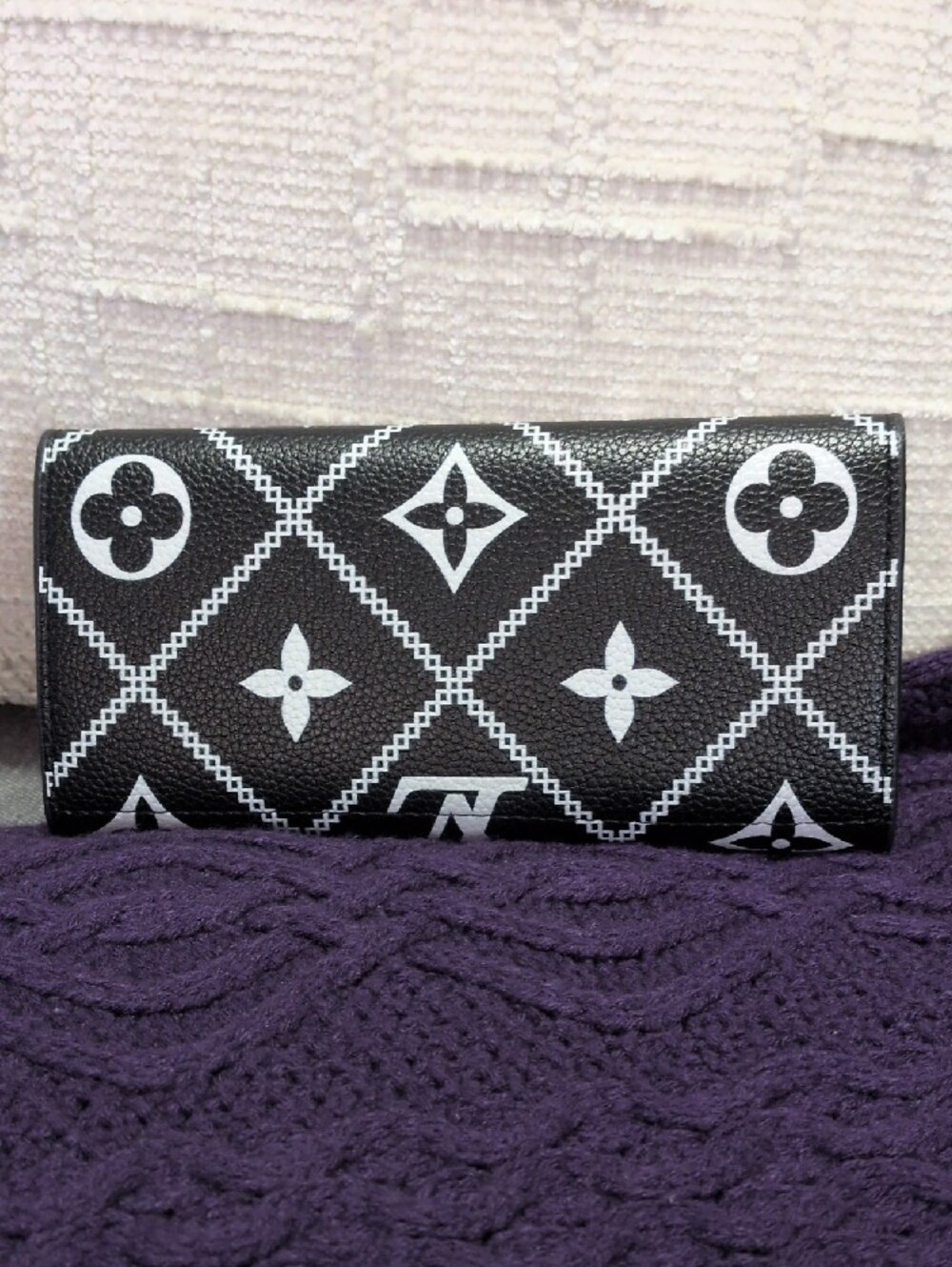Black & White Monogram Long Envelope Wallet with Gold Snap - Picture 2 of 5